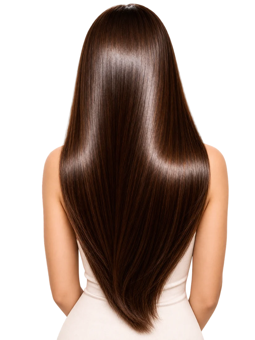 Cabello largo castaño brillante, promoción Botox más Shock de Brillo